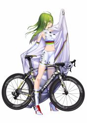 Rule 34 | 1girl, absurdres, ahoge, arm up, armpits, bare shoulders, between breasts, bicycle, bike shorts, biker clothes, blush, breasts, clothes writing, copyright request, covered erect nipples, elbow gloves, fingerless gloves, flag, full body, gloves, green hair, high heels, highres, hitomi kazuya, kneehighs, logo, long hair, medium breasts, midriff, navel, nipples, purple eyes, see-through, shoes, simple background, skin tight, smile, socks, solo, standing, stomach, vehicle, white background, white footwear, white gloves, white socks