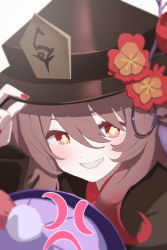 Rule 34 | 2girls, absurdres, anger vein, angry, bannouyakunta, black headwear, blush, brown hair, flower, genshin impact, gradient hair, hat, hat flower, hat tip, highres, hu tao (genshin impact), jiangshi, looking at viewer, multicolored hair, multiple girls, nail polish, out of frame, plum blossoms, portrait, qiqi (genshin impact), red eyes, red hair, smile, symbol-shaped pupils, top hat, two-tone hair