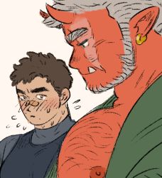 Rule 34 | 2boys, bandaid, bandaid on face, bandaid on nose, bara, bare pectorals, beard, breast envy, bursting pectorals, chest hair, colored skin, demon boy, facial hair, fang, from side, girl staring at guy&#039;s chest (meme), green kimono, grey hair, horns, japanese clothes, kimono, large pectorals, looking at another, looking down, male focus, meme, monster boy, multiple boys, muscle envy, muscular, muscular male, nipples, oni, oni horns, original, pectoral cleavage, pectoral focus, pectorals, pointy ears, red oni, red skin, shan (shanshankuo), short hair, sideburns, sidepec, thick eyebrows, upper body, yaoi