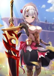 Rule 34 | 1girl, absurdres, apron, armor, armored boots, back bow, black dress, boots, bow, braid, breastplate, breasts, closed mouth, commentary request, cowboy shot, dress, flower, genshin impact, green eyes, grey hair, hair flower, hair ornament, highres, holding, holding sword, holding weapon, looking at viewer, maid, maid headdress, mattsi hbkk, medium breasts, noelle (genshin impact), red bow, redhorn stonethresher (genshin impact), short hair, signature, smile, solo, sword, weapon
