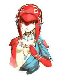 Rule 34 | 1girl, bracer, brown eyes, closed mouth, collar, cropped torso, gem, hand on own chest, jewelry, kinketsu, long hair, looking at viewer, mipha, neck ring, necklace, nintendo, painting (medium), red hair, red lips, simple background, smile, solo, tentacle hair, the legend of zelda, the legend of zelda: breath of the wild, traditional media, upper body, watercolor (medium), white background