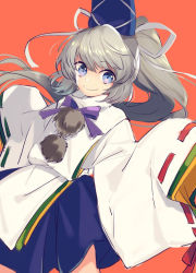 Rule 34 | 1girl, blue eyes, blue hat, blue skirt, bow, bowtie, closed mouth, commentary request, eyes visible through hair, grey hair, grey ribbon, hair between eyes, hair ribbon, hands up, hat, japanese clothes, kariginu, long hair, long sleeves, looking to the side, mononobe no futo, orange background, pom pom (clothes), ponytail, purple bow, purple bowtie, ribbon, shirt, simple background, skirt, smile, solo, standing, tomobe kinuko, touhou, white shirt, wide sleeves