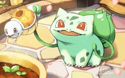 Rule 34 | animal focus, bright pupils, bulbasaur, claws, creatures (company), fangs, game freak, gen 1 pokemon, holding, holding watering can, nintendo, no humans, nostrils, open mouth, plant, pokemon, pokemon (creature), red eyes, signature, solo, sprout, squirtle, stone floor, takenaka0229, vines, watering, watering can, white pupils