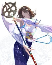 Rule 34 | 1girl, beads, breasts, brown hair, cleavage, cofffee, dancing, detached sleeves, closed eyes, final fantasy, final fantasy x, hair beads, hair ornament, holding, holding weapon, japanese clothes, long skirt, mage staff, medium breasts, purple skirt, short hair, skirt, solo, square enix, upper body, weapon, white background, wide sleeves, yuna (ff10)