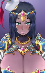 Rule 34 | 1girl, armor, batta nj, black hair, blue armor, blue background, blush, breasts, circlet, cleavage, closed mouth, collarbone, dark-skinned female, dark skin, detached collar, facial mark, fate/grand order, fate (series), feathers, forehead jewel, gradient background, green eyes, hat, highres, jewelry, large breasts, long hair, looking at viewer, necklace, parted bangs, pauldrons, scheherazade (fate), shoulder armor, solo