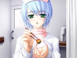 Rule 34 | 1girl, blue hair, blush, chopsticks, copyright request, feeding, food, green eyes, hat, indoors, infirmary, lab coat, looking at viewer, nurse, nurse cap, open mouth, pov, short hair, solo
