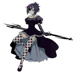 Rule 34 | 1girl, afuro (did), breasts, chrome dokuro, commentary request, dress, eyepatch, heart, katekyo hitman reborn!, looking at viewer, lowres, polearm, purple eyes, purple hair, short hair, simple background, skull, solo, thighhighs, trident, unmoving pattern, weapon, white background