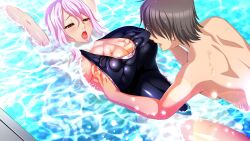 Rule 34 | 1boy, 1girl, asagiri toyoe, breasts, brown hair, floating, game cg, grabbing, grabbing another&#039;s breast, hand under clothes, huge breasts, in water, kyonyuu majo, lactation, long hair, mizoro tadashi, one-piece swimsuit, partially submerged, pink hair, pool, q-gaku, submerged, swimsuit, tadano akira