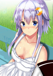 Rule 34 | 1girl, 1other, absurdres, alternate costume, bend, breasts, commentary request, commission, crescent, crescent hair ornament, dress, grass, hair ornament, highres, himura moritaka, kantai collection, looking at viewer, purple hair, short hair, short hair with long locks, skeb commission, small breasts, sundress, white dress, yayoi (kancolle)