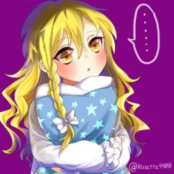 Rule 34 | ..., 1girl, :o, blonde hair, bow, hair bow, head tilt, hugging object, kirisame marisa, long hair, looking at viewer, no headwear, pillow, pillow hug, purple background, rosette (roze-ko), simple background, sleeves past wrists, solo, speech bubble, star (symbol), star print, touhou, twitter username, yellow eyes