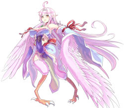 Rule 34 | 1girl, ahoge, blush, breasts, commentary request, earrings, feathered wings, feathers, finger to mouth, harpy, japanese clothes, jewelry, kawasumi (tk2k jade), large breasts, long hair, monster girl, open mouth, original, pendant, pointy ears, simple background, solo, talons, tiara, white background, winged arms, wings, yellow eyes