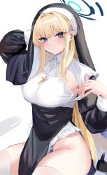 Rule 34 | 1girl, absurdres, alternate costume, blonde hair, blue archive, blue eyes, blue halo, blush, breasts, closed mouth, coif, commentary request, cowboy shot, cross, cross necklace, groin, habit, halo, hand up, highres, jewelry, large breasts, long hair, long sleeves, looking at viewer, lshiki, necklace, nun, revision, simple background, solo, thighhighs, thighs, toki (blue archive), underwear, white background, white thighhighs
