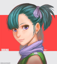 Rule 34 | 1girl, blue eyes, blue hair, bulma, character name, closed mouth, commentary, dragon ball, dragon ball (classic), lips, looking at viewer, rejean dubois, short hair, smile, solo, twitter username