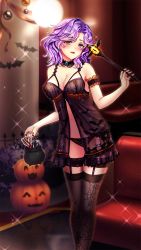 Rule 34 | 1girl, black choker, black panties, black thighhighs, blurry, blurry background, breasts, choker, cleavage, collarbone, doukyuusei, doukyuusei another world, game cg, hair intakes, halloween, halloween costume, holding, lingerie, long hair, medium breasts, midriff, nail polish, naruse kaori (doukyuusei), negligee, official art, open mouth, panties, pumpkin, purple hair, red lips, red nails, solo, sparkle, standing, stomach, thighhighs, tongue, tongue out, underwear, yellow eyes
