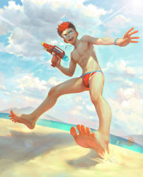Rule 34 | 1boy, absurdres, barefoot, beach, beitemian, blue eyes, bulge, child, chinese commentary, cross, day, earrings, feet, foot focus, foreshortening, full body, highres, jewelry, male focus, male swimwear, necklace, nipples, orange hair, original, outdoors, red male swimwear, red swim briefs, sand, sanpaku, shade, solo, spread toes, squirting liquid, stud earrings, swim briefs, swimsuit, teeth, toes, upper teeth only, water gun