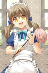 Rule 34 | 1girl, :d, apron, brown hair, duster, frills, long hair, lowres, maid, maid apron, maid headdress, open mouth, smile, solo, sword girls, twintails, window, wristband, yellow eyes