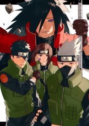 Rule 34 | 1girl, 3boys, armor, black eyes, black gloves, black hair, black headband, black pants, black shirt, brown eyes, brown gloves, brown hair, closed mouth, debris, facial mark, fingerless gloves, forehead protector, frown, gloves, green vest, hatake kakashi, headband, highres, japanese armor, letterboxed, long hair, long sleeves, looking at another, looking at viewer, mask, mirin (coene65), mouth mask, multiple boys, naruto (series), naruto shippuuden, nohara rin, one eye covered, open mouth, pants, red armor, red eyes, rinnegan, scar, scar across eye, scar on face, sharingan, shirt, short hair, silver hair, smile, spiked hair, standing, uchiha madara, uchiha obito, upper body, vest, alternate universe, white background