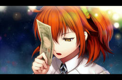 Rule 34 | &gt;:o, 1girl, :o, ahoge, blurry, bokeh, collared shirt, commentary request, depth of field, eyelashes, fate/grand order, fate (series), fujimaru ritsuka (female), fukuzawa yukichi, hair between eyes, half-closed eyes, hand up, holding, holding money, letterboxed, money, munaage, one eye covered, open mouth, orange hair, portrait, shirt, side ponytail, solo, tucked money, v-shaped eyebrows, white shirt, yellow eyes, yen