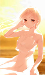 Rule 34 | 1girl, artist name, bad id, bad pixiv id, bare arms, bare shoulders, blonde hair, blurry, blurry background, breasts, brown eyes, closed mouth, collarbone, commentary, copyright request, dd 0000, depth of field, dress, floating hair, hand in own hair, hand up, highres, looking at viewer, outdoors, red eyes, sleeveless, sleeveless dress, small breasts, smile, solo, sunset, symbol-only commentary, white dress