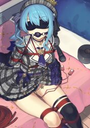Rule 34 | 1girl, absurdres, ball gag, bdsm, bed, blindfold, blue hair, bondage, bound, choker, dress, drooling, female focus, gag, hair ornament, hat, highres, hololive, hoshimachi suisei, kaddo, microphone, red rope, rope, sex toy, shibari, shibari over clothes, star (symbol), tape, thighhighs, thighs, vibrator, virtual youtuber