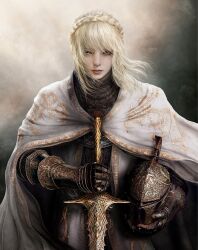 Rule 34 | 1girl, armor, black armor, blonde hair, braid, breastplate, cape, cloak, commentary, crown braid, elden ring, elden ring: shadow of the erdtree, english commentary, full armor, gauntlets, gold, gold trim, hand on helmet, helm, helmet, highres, holding, holding helmet, holding sword, holding weapon, kem2064, long hair, looking at viewer, needle knight leda, ornate, ornate armor, simple background, solo, sword, unworn headwear, unworn helmet, weapon, white cape, white cloak, yellow eyes