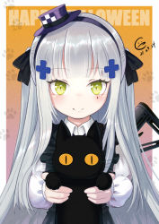 Rule 34 | 1girl, aged down, animal, apron, assault rifle, black apron, black cat, black hairband, black ribbon, blouse, cat, chicamort, collared shirt, commentary request, dated, facial mark, frilled apron, frilled sleeves, frills, girls&#039; frontline, gradient background, green eyes, gun, h&amp;k hk416, hair ornament, hair ribbon, hairband, halloween, hat, hk416 (black kitty&#039;s gift) (girls&#039; frontline), hk416 (girls&#039; frontline), holding, holding animal, holding cat, light blush, long hair, long sleeves, looking at viewer, mini hat, official alternate costume, orange background, paw print, ribbon, rifle, shirt, silver hair, smile, solo, upper body, very long hair, weapon, white shirt