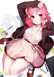 Rule 34 | 1girl, blush, breasts, cleavage, collarbone, commentary request, drawing tablet, dress, flower, frills, full body, hair flower, hair ornament, hairclip, highres, long hair, long sleeves, looking at viewer, lying, medium breasts, mika pikazo, official art, original, parted lips, pencil, pink hair, red eyes, shoes, simple background, socks, solo, white background, white socks