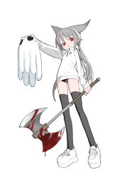 Rule 34 | 1girl, abysmal, arm at side, axe, battle axe, black buruma, black thighhighs, blood, bloody weapon, bow, buruma, character request, creature, fang, full body, grey hair, hair bow, half-closed eyes, head tilt, high collar, highres, holding, holding axe, holding creature, jacket, kokaki mumose, light blush, long hair, long sleeves, looking at viewer, low twintails, moneko (null-meta), open mouth, outstretched arm, platform footwear, pointy ears, red eyes, shoes, sneakers, solo, thighhighs, track jacket, twintails, weapon, white background, white bow, white jacket