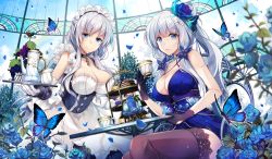 Rule 34 | 2girls, :d, apron, arm guards, azur lane, backlighting, bare shoulders, belfast (azur lane), black gloves, black legwear, blue butterfly, blue dress, blue eyes, blue flower, blue rose, breasts, bug, butterfly, cake, chain, cleavage, closed mouth, collar, corset, cup, dress, dutch angle, elbow gloves, flower, food, fruit, gloves, grapes, greenhouse, hair flower, hair ornament, hirai yuzuki, holding, holding cup, holding tray, illustrious (azur lane), illustrious (never-ending tea party) (azur lane), indoors, insect, lace, lace-trimmed legwear, lace trim, large breasts, leaning forward, long hair, looking at viewer, maid headdress, multiple girls, open mouth, petals, rainbow, rose, sash, saucer, sitting, sleeveless, sleeveless dress, smile, sunlight, table, teacup, teapot, thighhighs, tiered tray, tray, waist apron, white apron, white gloves, white hair, zettai ryouiki