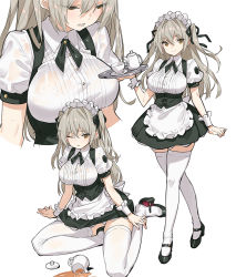 Rule 34 | 1girl, apron, black footwear, black neckwear, blush, bra, breasts, brown eyes, cup, dress, eyes visible through hair, frills, grey hair, hair ribbon, high heels, holding, holding tray, large breasts, long hair, maid, maid headdress, multiple views, one eye closed, open mouth, original, ribbon, saitou masatsugu, see-through, short sleeves, simple background, skindentation, smile, spill, teacup, teapot, thighhighs, tray, two side up, underwear, waist apron, wet, wet clothes, white apron, white background, white bra, white thighhighs, wrist cuffs
