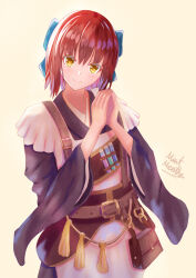 Rule 34 | 1girl, alternate costume, apron, blue bow, blush, bow, brown eyes, commentary request, cowboy shot, hair bow, head tilt, highres, japanese clothes, kimono, kohaku (tsukihime), leather bag, leather belt, long sleeves, looking at viewer, maid, mint mentha, obi, red hair, sash, short hair, signature, simple background, smile, solo, test tube, tsukihime, wa maid, white apron, wide sleeves, yellow eyes