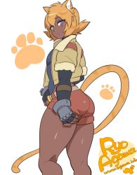 Rule 34 | 1girl, adjusting clothes, agawa ryou, animal ears, artist name, ass, bad id, bad tumblr id, blue eyes, cat ears, cat tail, compression sleeve, dark-skinned female, dark skin, fingerless gloves, flat chest, gloves, jacket, looking back, orange hair, original, paw print, short hair, signature, solo, tail, thick thighs, thighs, watermark, web address, white background