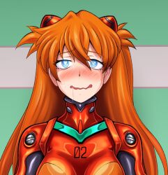Rule 34 | 1girl, alternate breast size, blue eyes, blush, bodysuit, breasts, brown hair, heart, heart-shaped pupils, interface headset, large breasts, long hair, looking at viewer, mind control, moaning, neon genesis evangelion, open mouth, plugsuit, red bodysuit, rosvo, saliva, shiny clothes, shiny skin, skin tight, smile, solo, souryuu asuka langley, standing, sweat, symbol-shaped pupils, two side up, upper body, very long hair, wavy mouth