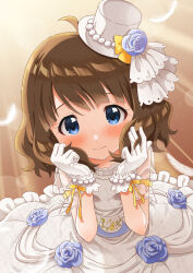 Rule 34 | 1girl, blue eyes, blue flower, blue rose, blush, breasts, brown hair, closed mouth, dot nose, dress, falling feathers, feathers, flower, frilled dress, frills, from above, gloves, goma konbu, hand on own face, hands up, hat, hat flower, hat ribbon, highres, idolmaster, idolmaster million live!, idolmaster million live! theater days, lens flare, lens flare abuse, looking at viewer, looking up, ribbon, ribbon-trimmed gloves, ribbon trim, rose, see-through, see-through sleeves, short hair, short sleeves, shy, small breasts, solo, suou momoko, wavy hair, wavy mouth, white dress, white gloves, white hat, yellow ribbon