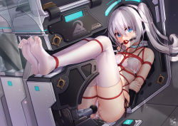 Rule 34 | 1girl, arms behind back, ball gag, bdsm, bikini, blue eyes, bondage, bound, box, full body, gag, gagged, highres, honkai (series), honkai impact 3rd, in box, in container, no shoes, restrained, sex toy, side ponytail, soles, solo, swimsuit, theresa apocalypse, thighhighs, thighs, toes, variant set, vibrator, white bikini, white hair, white thighhighs, wiffle gag, yiduan zhu