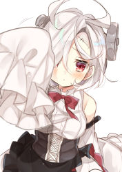 Rule 34 | 1girl, antenna hair, arm belt, azur lane, bare shoulders, belt, black belt, black skirt, blurry, blurry foreground, blush, bolt, bow, bowtie, breasts, buttons, center frills, closed mouth, commentary request, detached sleeves, foreshortening, frilled skirt, frilled sleeves, frills, gau (n00 shi), hair over one eye, large breasts, long sleeves, looking at viewer, miniskirt, object through head, outstretched arm, reaching, reaching towards viewer, red bow, red bowtie, red eyes, screw, screw in head, shirt, short hair, simple background, skirt, sleeveless, sleeveless shirt, sleeves past fingers, sleeves past wrists, solo, stitches, terror (azur lane), upper body, white background, white hair, white shirt, wide sleeves