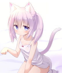 Rule 34 | 1girl, absurdres, animal ear fluff, animal ears, arm up, between legs, blue eyes, breasts, camisole, cat ears, cat girl, cat tail, hand between legs, highres, long hair, mogura2009, original, paw pose, pink hair, short shorts, shorts, small breasts, solo, tail, thighs, twintails, white camisole, white shorts