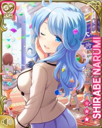 Rule 34 | 4girls, ass, blue eyes, blue hair, boots, card (medium), character name, clapping, confetti, from behind, girlfriend (kari), hair ornament, hairclip, jacket, long hair, marching band, matching hair/eyes, multiple girls, official art, one eye closed, open mouth, outdoors, pantyhose, pencil skirt, purple skirt, qp:flapper, reading, school, sheet music, shirabe narumi, shirt, skirt, smile, sparkle, standing, tagme, white footwear, white jacket, white shirt