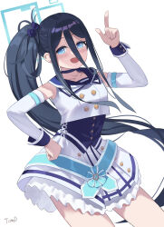 Rule 34 | absurdres, aris (blue archive), bare legs, black hair, blue archive, blue eyes, blue halo, choker, halo, highres, idol, index finger raised, long hair, looking at viewer, mischievous straight uniform (blue archive), official alternate costume, ponytail, shirt, simple background, sleeveless, sleeveless shirt, tomid, white background