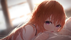 Rule 34 | 1girl, :d, absurdres, bed sheet, blurry, blurry background, blush, brown hair, commentary request, hair between eyes, highres, konoe kanata, light particles, long hair, looking at viewer, love live!, love live! nijigasaki high school idol club, lying, on stomach, open mouth, purple eyes, revision, smile, solo, straight hair, tanaka212, upper body