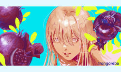 1girl absurdres artist_name blue_background closed_mouth commentary english_commentary expressionless flower flower_request hair_between_eyes hair_over_shoulder highres long_hair looking_ahead original pink_eyes pink_hair profile purple_flower sidelocks solo thu_nguyen watermark