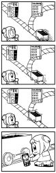Rule 34 | 1girl, 4koma, :3, bkub, building, coal, comic, commentary, closed eyes, greyscale, hair ornament, hair scrunchie, highres, holding, lever, meme, minecart, monochrome, motion lines, notice lines, poptepipic, popuko, railroad tracks, school uniform, scrunchie, serafuku, shoes, short hair, short twintails, silent comic, simple background, skirt, spray can, spraying, trolley problem (meme), twintails, two side up, white background