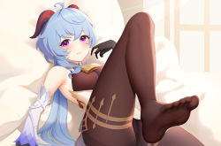Rule 34 | 1girl, absurdres, ahoge, armpits, bare shoulders, bed, bed sheet, bell, black gloves, blue hair, blush, bodystocking, bodysuit, breasts, brown bodysuit, brown leotard, brown pantyhose, commentary request, cowbell, detached sleeves, dsbz, feet, ganyu (genshin impact), genshin impact, gloves, goat horns, gold trim, highres, horns, indoors, leg up, leotard, leotard peek, long hair, looking at viewer, low ponytail, lying, medium breasts, no shoes, on back, on bed, panties, pantyhose, pantyshot, parted lips, pillow, purple eyes, smile, soles, solo, toes, underwear
