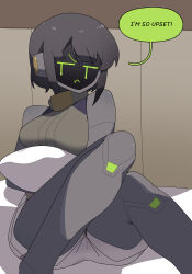 Rule 34 | 1girl, absurdres, bare shoulders, breasts, clothed robot, crop top, dark skin, dot-matrix, english text, gomulgong, highres, humanoid robot, indoors, jealous, joints, looking at viewer, metal skin, on bed, original, pillow, pout, robot, robot girl, robot girl (gomulgong), robot joints, short shorts, shorts, sitting, solo, speech bubble, | |