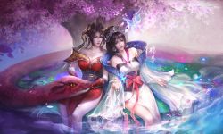 Rule 34 | 2girls, absurdres, bug, butterfly, chi lian (qin shi ming yue), dress, forked tongue, grass, highres, insect, light, long sleeves, looking to the side, multiple girls, outstretched hand, qinshi mingyue, red dress, ribbon, sash, sitting, snake, tongue, tree, upper body, water, white dress, zhai xin zao xue