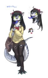 Rule 34 | 1girl, bag, black hair, black thighhighs, bow, bowtie, character name, claws, female focus, forked tongue, furry, furry female, green eyes, hairband, highres, long hair, long tongue, looking at viewer, meziro001, open mouth, original, shoulder bag, simple background, solo, sweater, tail, teeth, thighhighs, tongue, white background