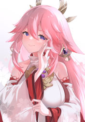 Rule 34 | 1girl, blush, breasts, closed mouth, detached sleeves, genshin impact, hair between eyes, hair ornament, highres, japanese clothes, large breasts, long hair, looking at viewer, miaohik, miko, pink hair, priestess, purple eyes, solo, upper body, yae miko