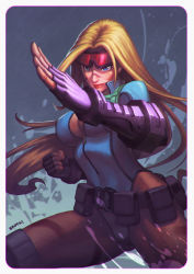 Rule 34 | 1girl, alternate costume, alternate hairstyle, belt, belt pouch, blonde hair, blue eyes, blue leotard, bodypaint, border, breasts, cammy white, chromatic aberration, cleavage, fighting stance, fingerless gloves, gloves, goggles, goggles on head, gubrutsky, hair down, harness, highres, large breasts, leotard, lips, lipstick, long hair, makeup, no bra, over-kneehighs, smile, solo, street fighter, street fighter v, thighhighs, unzipped, utility belt, zipper