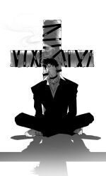 Rule 34 | 1boy, absurdres, choker, cigarette, collarbone, collared shirt, cross, cross choker, full body, greyscale, hair over eyes, highres, jacket, large cross, male focus, modong gun, monochrome, mouth hold, nicholas d. wolfwood, pants, pectoral cleavage, pectorals, shirt, shoes, short hair, simple background, sitting, smoking, solo, strap, trigun