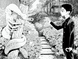 Rule 34 | 1boy, aremoyou, building, bush, buttons, closed umbrella, commentary, cowboy shot, creature, day, expressionless, flower, foliage, from side, gakuran, greyscale, hatching (texture), highres, holding, holding umbrella, hydrangea, long sleeves, looking at another, male focus, monochrome, open mouth, original, outdoors, outstretched hand, pants, school uniform, short hair, standing, tree, umbrella